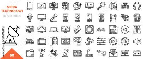 A diverse set of media technology outline icons showcasing various devices and tools.