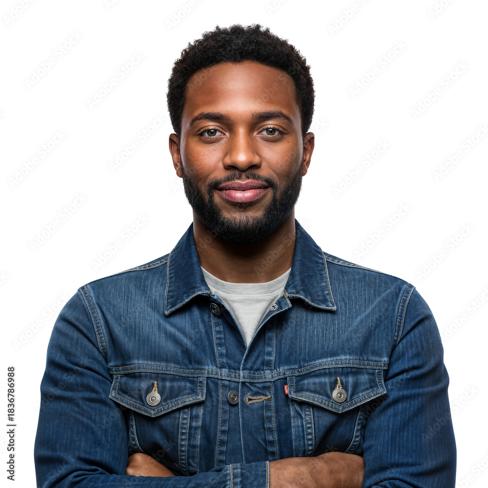 Fototapeta premium Confident Young Black Man with Arms Crossed Smiling at Camera on Isolated transparent background
