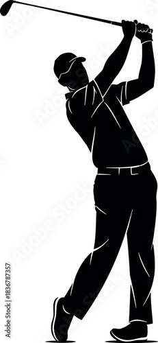 Dynamic silhouette illustration of a golfer mid-swing, showcasing the athletic motion and elegance of the sport, perfect for design elements and athletic themes