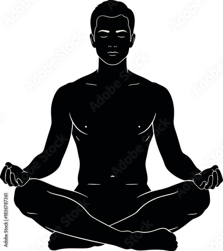 Man meditating in a cross-legged lotus position, silhouette with closed eyes, representing peace and mindfulness