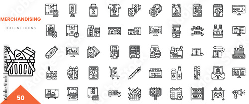 A collection of 50 outline icons related to merchandising, showcasing various retail elements.