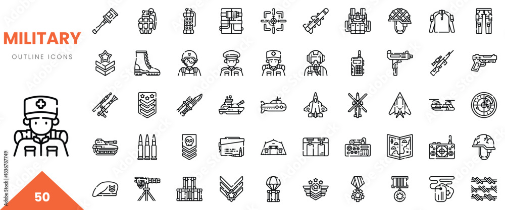 Fototapeta premium A collection of 50 military-themed outline icons, showcasing various equipment and personnel.