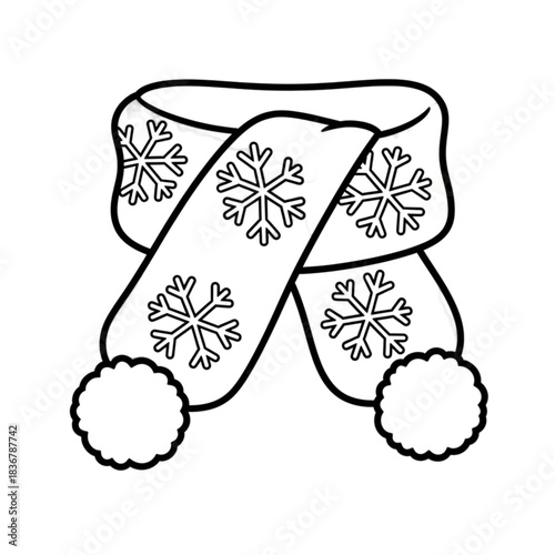 Winter scarf with snowflake pattern and pom-poms line art illustration.