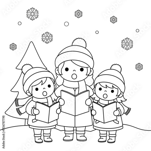 Three cute children in winter clothes singing Christmas carols.