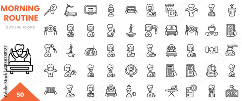 A collection of outline icons depicting various activities in a morning routine.