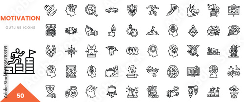 A collection of 50 motivational outline icons showcasing determination and achievement.
