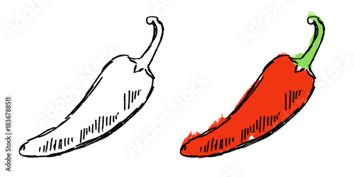 Grunge sketch handdraw chilli vector for street food branding and spicy product labels. Symbolizes raw flavor, intensity, and urban culinary vibes.