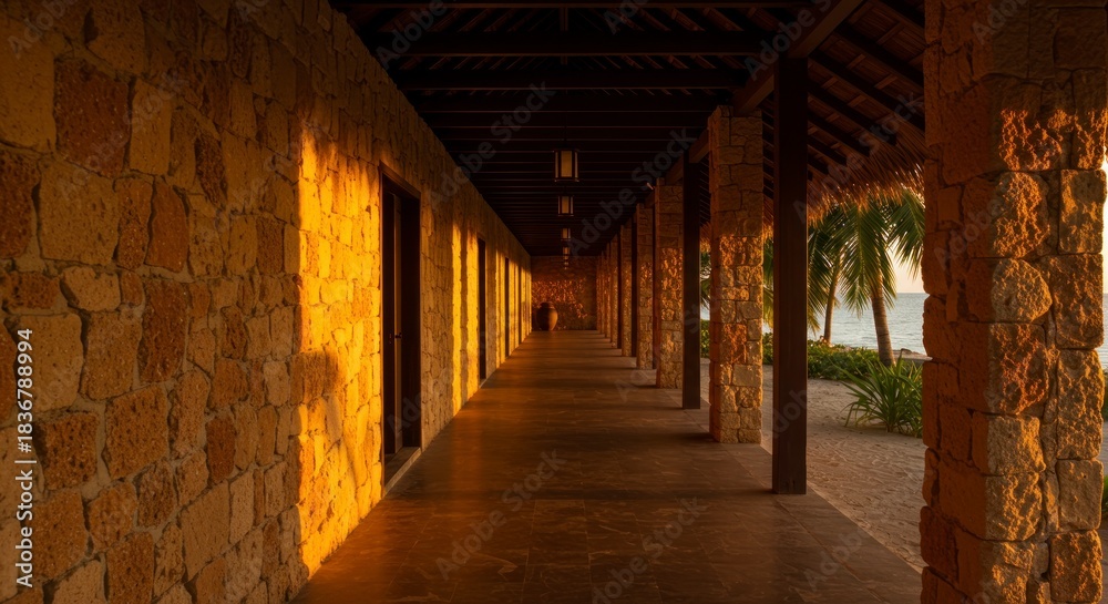 Obraz premium Long hallway with stone walls wooden columns and bright sunlight at daytime