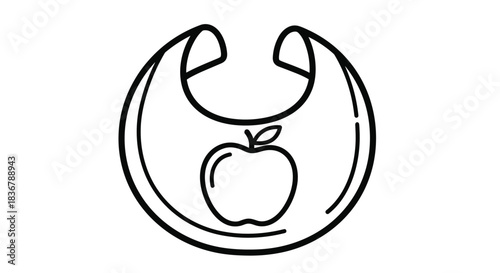 Black and white line art icon of a round baby bib with an apple design in the center, isolated on a plain white background.