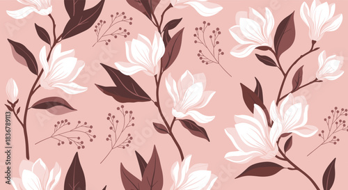 Elegant seamless floral pattern featuring white magnolia flowers with dark leaves and branches on a soft pink background design.