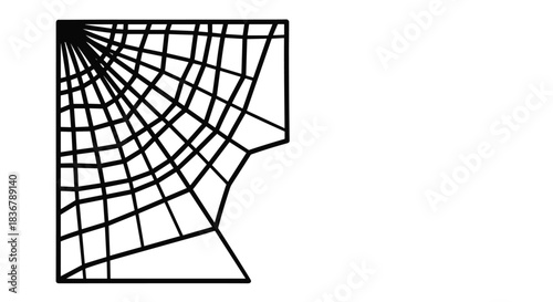 Minimalist black line art of a spider web in the corner, a simple and clean graphic element isolated on a white background.