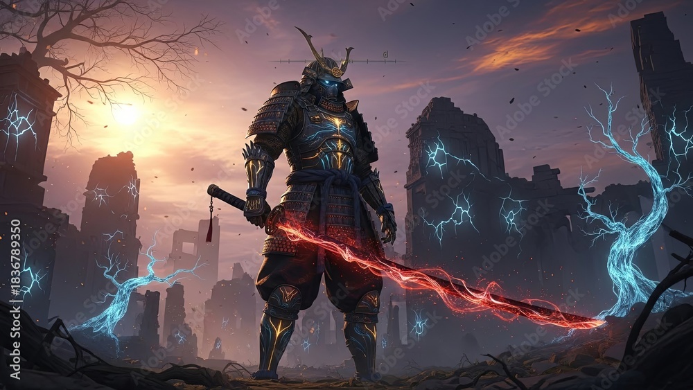 Fototapeta premium Samurai Warrior with Glowing Red Katana in a Mystical Landscape at Sunset.