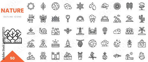 A collection of nature-themed outline icons showcasing various elements and symbols.