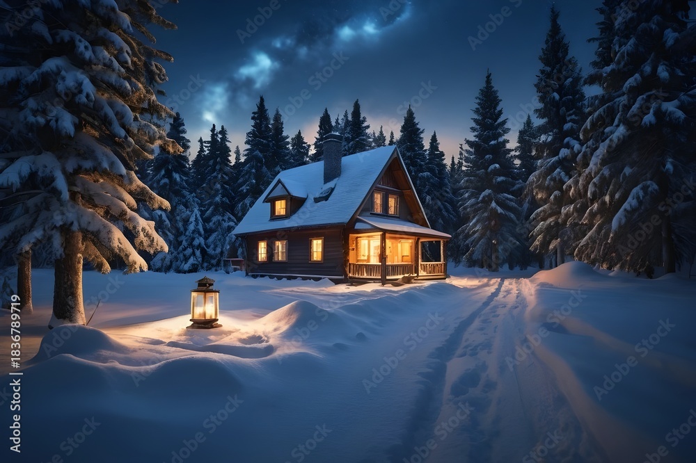 Fototapeta premium Midnight Snowscape Christmas House With Lantern Lights