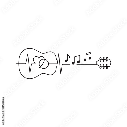 Creative guitar illustration with a heartbeat EKG line, heart symbol, and musical notes. Love music concept. Minimalist line art for tattoo, logo, or t-shirt design.
