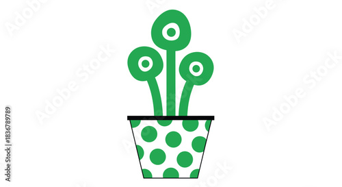 Whimsical green plant in a polka-dotted pot, a simple and playful flat design illustration isolated on white background.