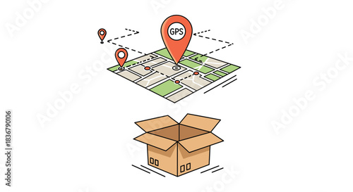 Concept illustration of package delivery with a GPS map showing a route and an open cardboard box ready for shipment.
