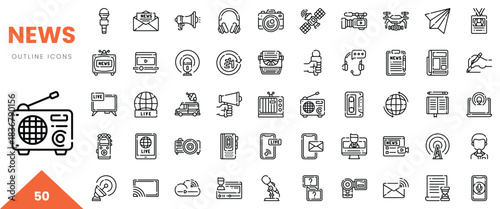 Set of 50 outline icons representing various aspects of news and media.