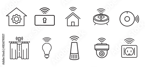 Smart Home and Internet of Things Line Icon Vector Set. Modern Black Icons for Automation, Security, Appliances, Surveillance, and Connected Devices