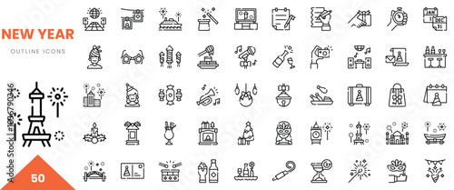 New Year outline icons depicting festive elements for celebrations and traditions.