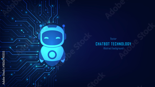 Concept of AI chatbot service. Robot on a futuristic circuit motherboard background. Artificial intelligence robot assistant for online customer support. Innovation and business. Vector illustration.
