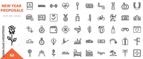 A collection of 50 outline icons representing New Year proposals, including flowers, clocks, and gifts.