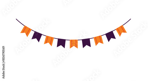 A simple, festive party banner with orange and purple flags hanging in a gentle curve, perfect for celebrations or holidays.
