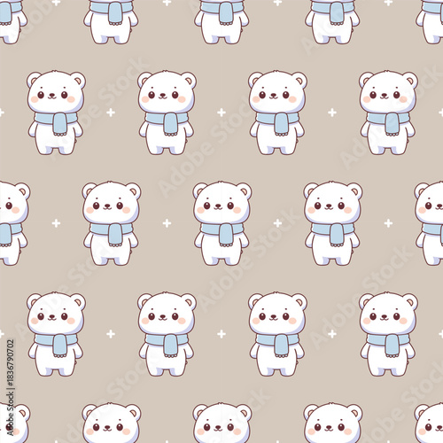 Cute chibi polar bear wearing a winter scarf, smiling in soft pastel kawaii style