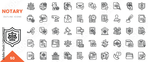 A collection of 50 outline icons related to notary services and legal documentation.