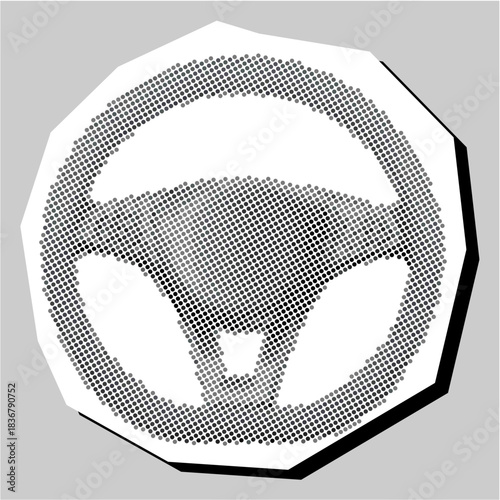 Steering wheel Halftone Dotted Collage Element Pointillize in Paper Torn vector for automotive designs and retro posters. Symbolizes control, driving, and vintage style.