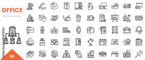 Collection of 50 outline icons representing various office-related scenarios and items.