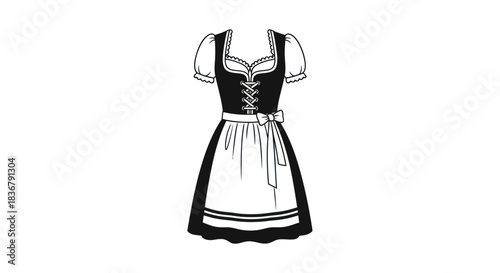 Traditional Bavarian Dirndl Dress Black and White Line Art Illustration.