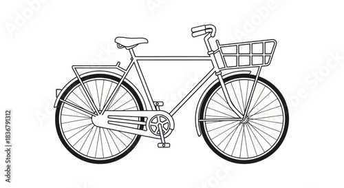 Classic Bicycle with Front Basket and Rear Rack Line Art.