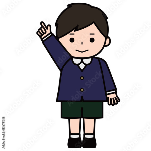 手を挙げて指差しをする男の子