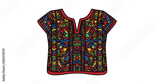 Vibrant Traditional Embroidered Huipil Garment with Intricate Geometric Patterns.