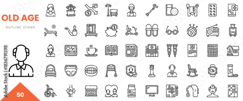 Collection of outline icons representing old age concepts, including activities and healthcare.
