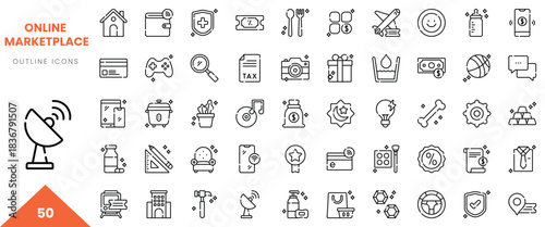 A diverse collection of 50 outline icons representing an online marketplace, showcasing various services.