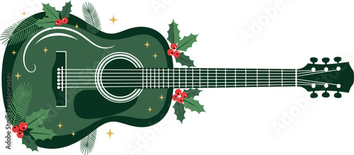 Acoustic guitar vector illustration decorated with Christmas holly, pine needles, and berries, symbolizing holiday music, festive concert, winter celebration, and musical cheer.