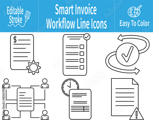 Invoice Workflow Automation Line Icons featuring billing tasks, approval loops, team coordination, document alerts, processing steps, and time-based invoice tracking.