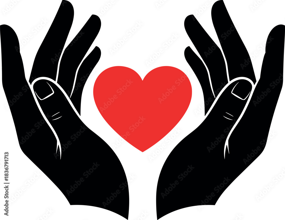 Obraz premium Black silhouette vector illustration of two cupped hands protecting a bright red heart, symbolizing health, love, care, kindness, organ donation, charity, and protection concepts.