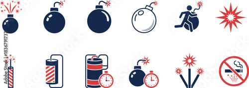 Bomb, Explosive, and Danger Vector Flat Icons Set, Dynamite, Fuse, Timer, Explosion, No Smoking, and Running from Bomb Symbols, Graphic for Warning, Terrorism, and Safety Concept.