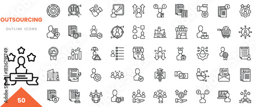 A collection of 50 outline icons representing the concept of outsourcing and business processes.