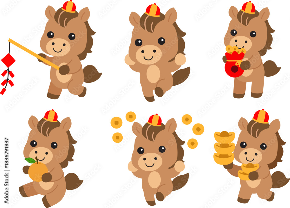 Fototapeta premium Cute horse mascot set for Lunar New Year 2026 with lantern firecracker, angpao money bowl, golden ingot stack, orange fruit, and coin rain celebration illustration.