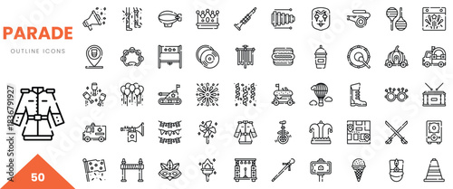 A collection of parade-related outline icons featuring costumes, decorations, and festive elements.