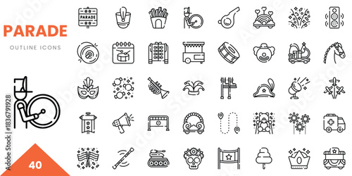 A collection of festive outline icons representing various parade elements like music and decorations.
