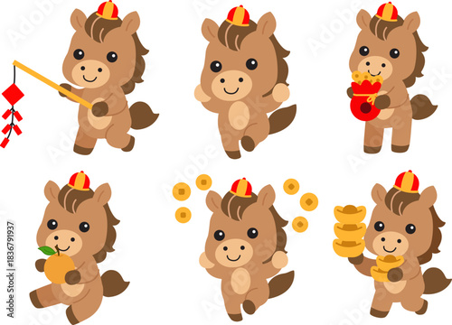 Cute horse mascot set for Lunar New Year 2026 with lantern firecracker, angpao money bowl, golden ingot stack, orange fruit, and coin rain celebration illustration.