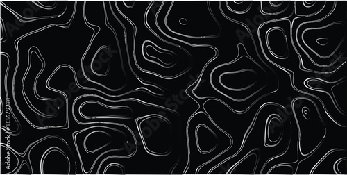 Abstract topographic map pattern displaying contoured lines in black and white