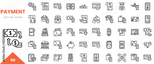 Set of outline icons representing various payment methods and transactions in a modern design.