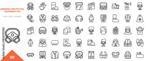 Vector outline icons of various personal protective equipment for workplace safety.
