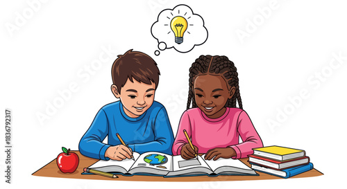 Two Children Studying Together with Lightbulb Idea.